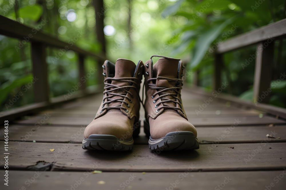 Stylish Brown Boots on a Wooden Bridge Surrounded by Lush Greenery, Perfect for Outdoor Adventures and Nature Exploration, Hiking and Travel Photography Stylish Brown Boots on a Wooden Bridge Surrounded by Lush Greenery, Perfect for Outdoor Adventures and Nature Exploration, Hiking and Travel Photography