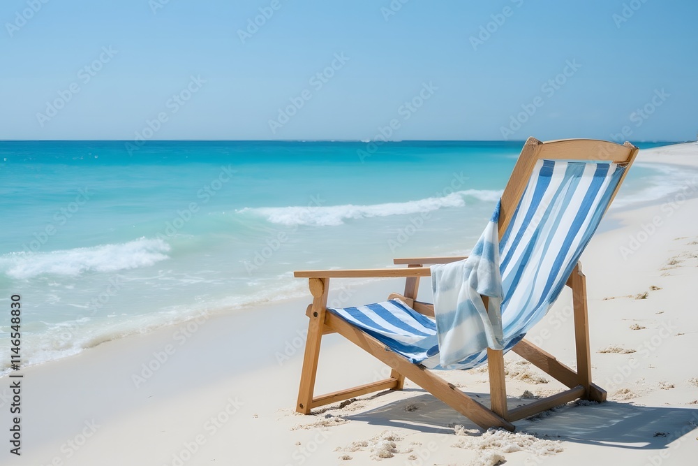 Striped beach chair on sandy shore, inviting ocean view, bright blue sky and gentle waves
Striped beach chair on sandy shore, inviting ocean view, bright blue sky and gentle waves