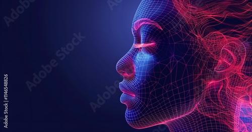 A simple humanoid girl digital shape with lines, a head profile without hair, and text to copy space, Generative Ai.