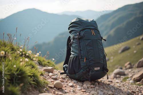 Backpack on Trail Surrounded by Scenic Mountains and Greenery, Ideal for Hiking Adventures, Outdoor Exploration, and Nature Photography Enthusiasts photo