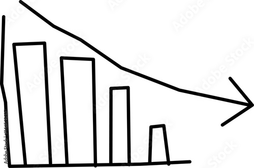 loss graph icon in Doodle style. Downward pointing arrow stock icon on white background. Icon of decline, bankruptcy, collapse of financial markets for your web site design, UI. Chart downtwards