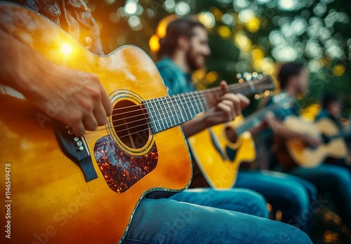 Guitarists playing acoustic guitars in a group photo