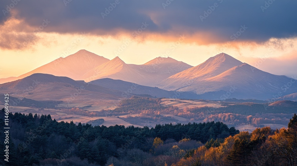 Fototapeta premium Scenic view of mountains at sunset with a mix of forests and fields in the foreground.