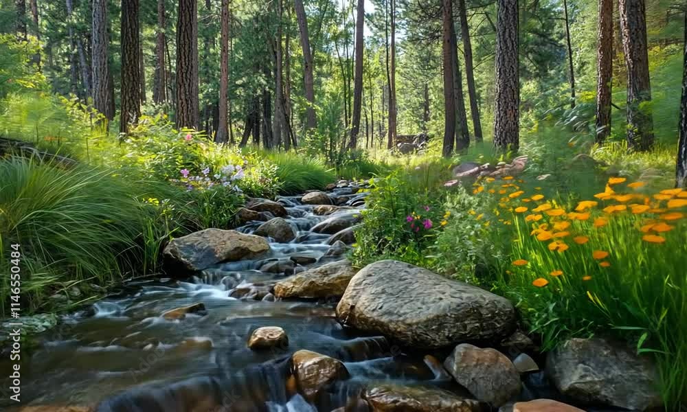 A serene stream flows through a vibrant forest filled with flowers. A serene stream flows through a vibrant forest filled with flowers.