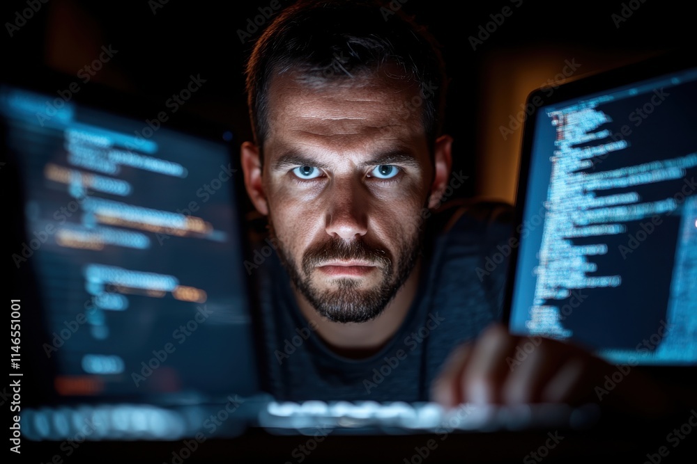 A serious coder intensely analyzes data displayed on multiple screens, depicting the dedication and focus required in technology-driven environments, particularly in data science. A serious coder intensely analyzes data displayed on multiple screens, depicting the dedication and focus required in technology-driven environments, particularly in data science.