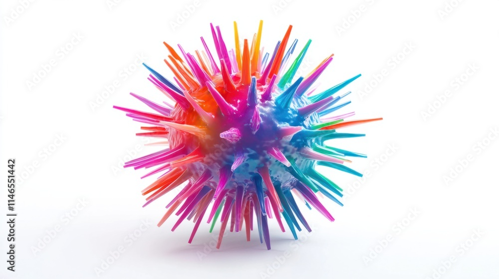 Obraz premium A magnified 3D virus particle with sharp, colorful spikes and a realistic spherical shape, rendered on a clean white background