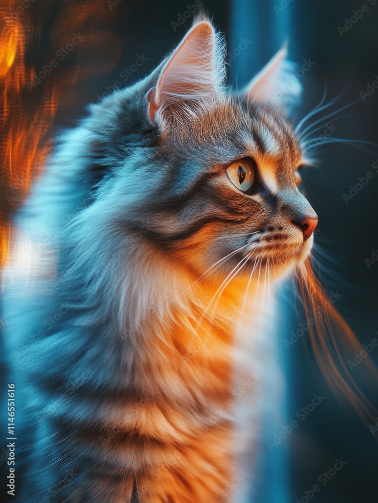 Close-up of a playful cat reaching towards the camera with dramatic lighting Close-up of a playful cat reaching towards the camera with dramatic lighting