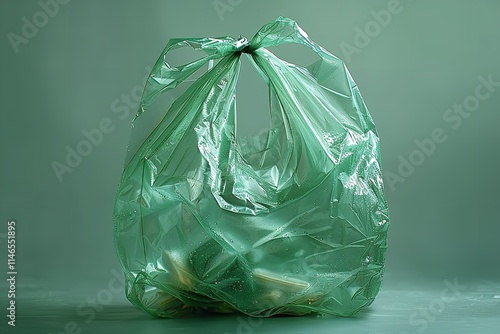 A simple picture of a green plastic grocery bag against a plain backdrop, Generative Ai. photo