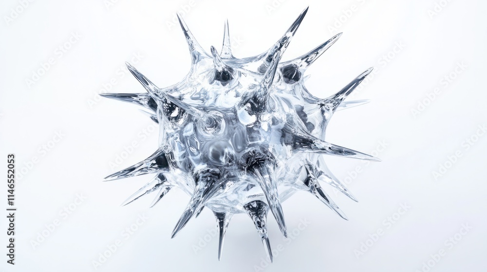 A realistic 3D virus model featuring prominent spikes and a semi-transparent core, floating against a clean white background A realistic 3D virus model featuring prominent spikes and a semi-transparent core, floating against a clean white background