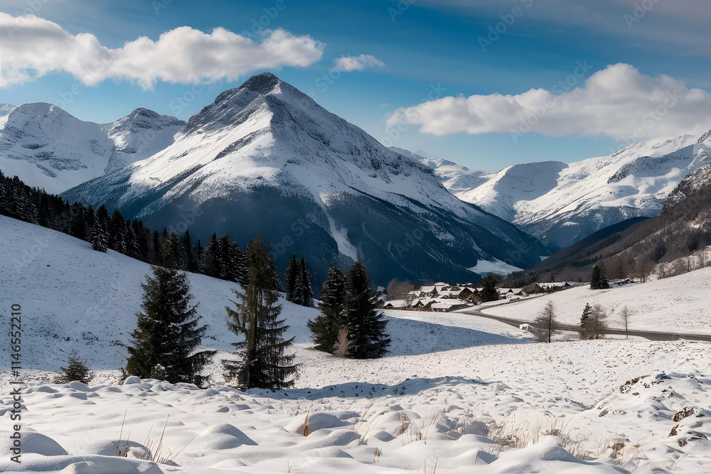 Landscape of the mountains covered with snow with blue sky 