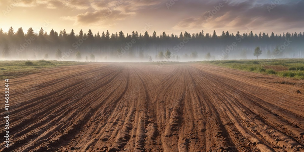 Naklejka premium Field with half-plowed earth and misty strip of forest in the background, landscape photography , autumn foliage, natural scenery