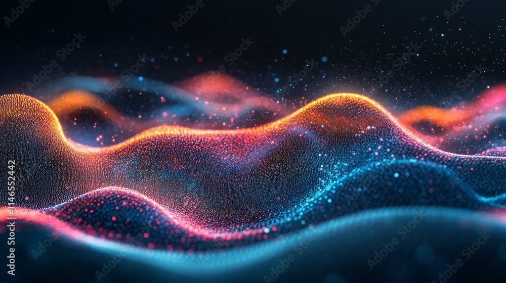 Obraz premium Abstract Colorful Waves of Light and Particle Effects Creating a Dreamy Atmosphere in a Dark Environment Representing Technology and Innovation