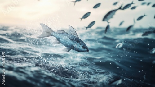 Fish flying above the rough sea , in the background there is a rain of fishes falling into the sea photo