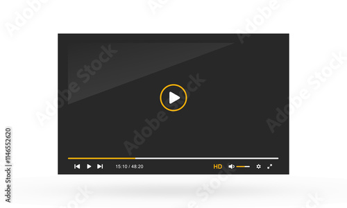 A modern video player interface with a dark theme and orange accent color. The control bar contains timestamps, playback progress and icons for HD quality toggle, volume, settings and fullscreen