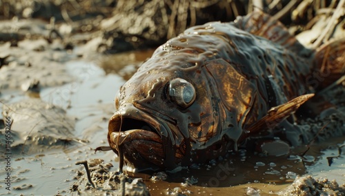 A cinematic still of an oil covered fish in the mud, shot on arri alexa with high quality film photo