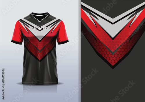 T-shirt mockup abstract sharp line hexagon jersey design for football, soccer, racing, esports, running, in red white black navy purple color