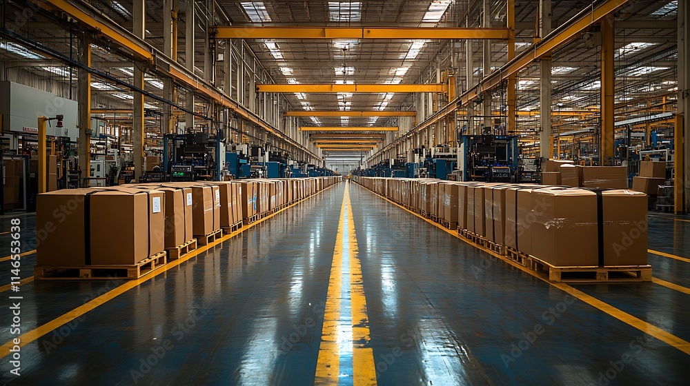 Factory Floor Perspective: Rows of packaged goods line a gleaming factory floor, creating a striking visual of industrial efficiency and production.