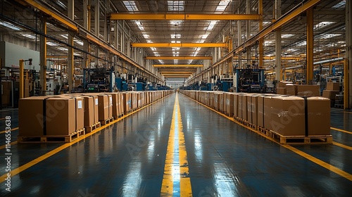 Obraz na płótnie Factory Floor Perspective: Rows of packaged goods line a gleaming factory floor, creating a striking visual of industrial efficiency and production. w salonie