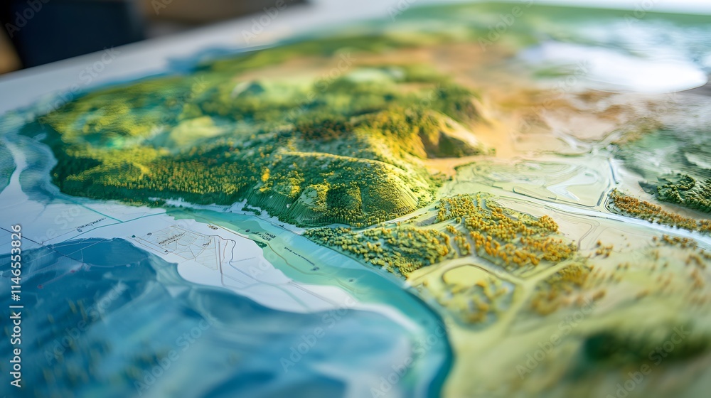 Aerial view of a vibrant, detailed topographical map showcasing diverse terrains, valleys, and water bodies, emphasizing the beauty of nature and the interconnectedness of ecosyste Aerial view of a vibrant, detailed topographical map showcasing diverse terrains, valleys, and water bodies, emphasizing the beauty of nature and the interconnectedness of ecosyste