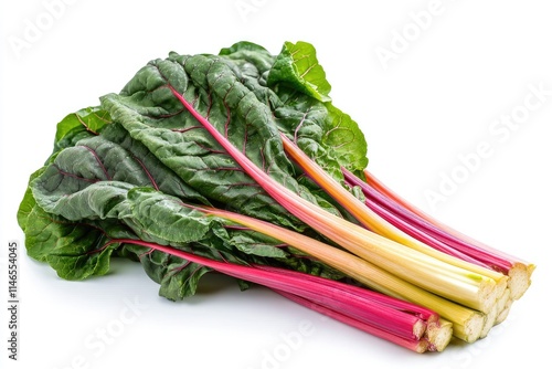 A bundle of rainbow chard with colorful stems and vibrant green leaves, isolated on a white background