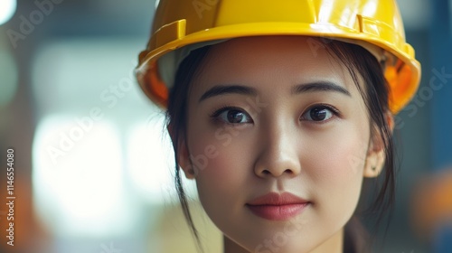 Close-up of a Asian woman wearing a yellow hard hat photo