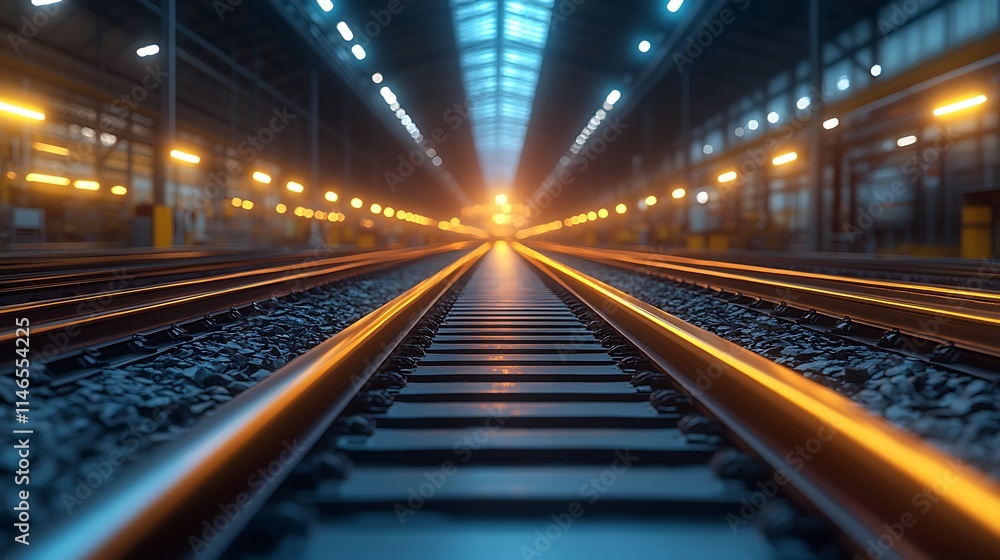 Railroad Tracks Leading to the Horizon: A perspective shot of railroad tracks vanishing into the distance, bathed in warm, golden light, creating a sense of endless possibility and the journey ahead. Railroad Tracks Leading to the Horizon: A perspective shot of railroad tracks vanishing into the distance, bathed in warm, golden light, creating a sense of endless possibility and the journey ahead.