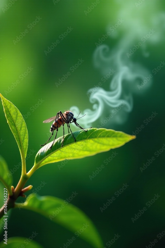 Fototapeta premium Fogged DDT spray killing mosquitoes on a branch, mosquito, tree, leaf