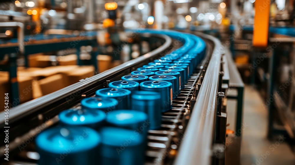 Conveyor Belt Production: A close-up view of a sleek, industrial conveyor belt carrying a stream of blue cylindrical products, highlighting the efficient and seamless flow of modern manufacturing. Conveyor Belt Production: A close-up view of a sleek, industrial conveyor belt carrying a stream of blue cylindrical products, highlighting the efficient and seamless flow of modern manufacturing.