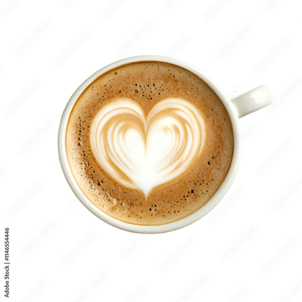 A close-up of a latte in a white cup isolated on white background A close-up of a latte in a white cup isolated on white background