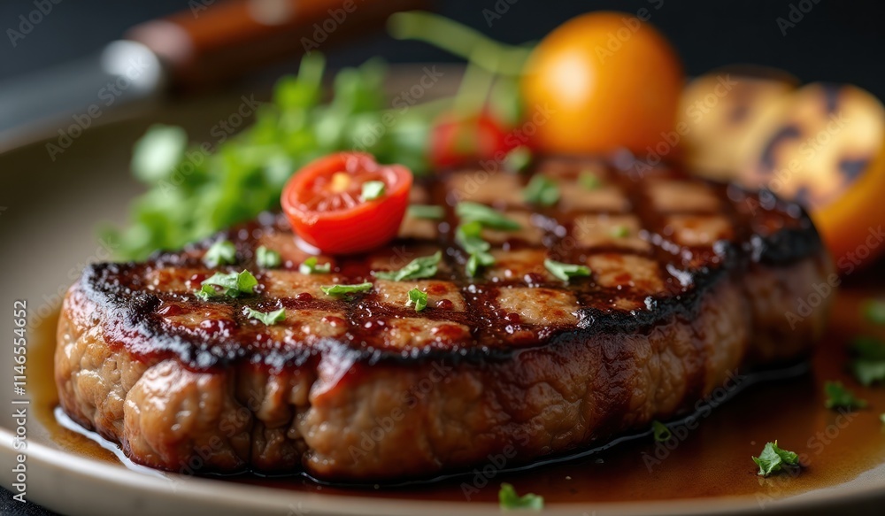 Diagonal side perspective of a roasted steak, focusing on the seared surface texture and garnishes, with a shallow depth of field blurring the grilled vegetables in the background Diagonal side perspective of a roasted steak, focusing on the seared surface texture and garnishes, with a shallow depth of field blurring the grilled vegetables in the background