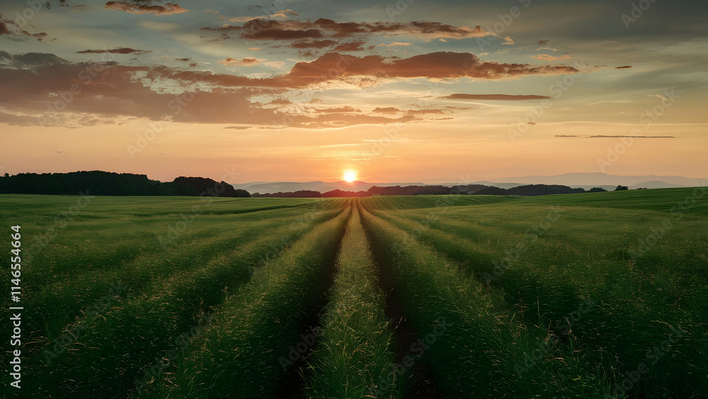 Beautiful landscape of red sunset over the green field Beautiful landscape of red sunset over the green field