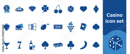 Casino icon set, gambler, winner, entertainment, dollar, cocktail, web, club, chip, rich, icon, card suit, online, seven, jackpot, heart, lucky, cherry, prize, diamond, gambling and more.