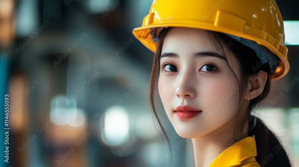 Close-up of a Asian woman wearing a yellow hard hat Close-up of a Asian woman wearing a yellow hard hat