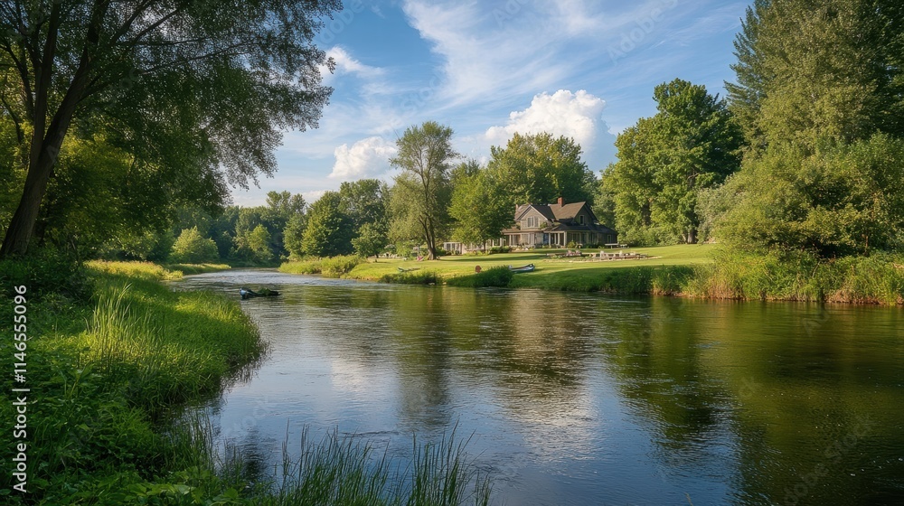 serene riverfront house in lush green landscape serene riverfront house in lush green landscape