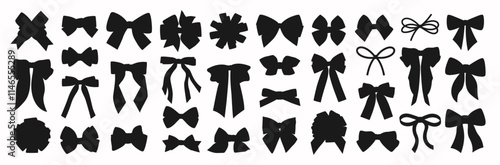 Big set of simple decorative holiday ribbon bow for present, icon to decorate isolated on white background. Contour, silhouette for gift wrapping for birthday, Christmas, New Year. Flat Vector EPS10