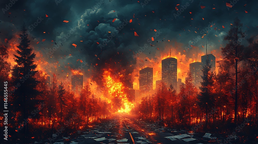 Apocalyptic Inferno: A surreal and haunting depiction of a city engulfed in flames, with towering buildings consumed by fire and a dark, ominous sky overhead. The scene evokes a sense of destruction. Apocalyptic Inferno: A surreal and haunting depiction of a city engulfed in flames, with towering buildings consumed by fire and a dark, ominous sky overhead. The scene evokes a sense of destruction.