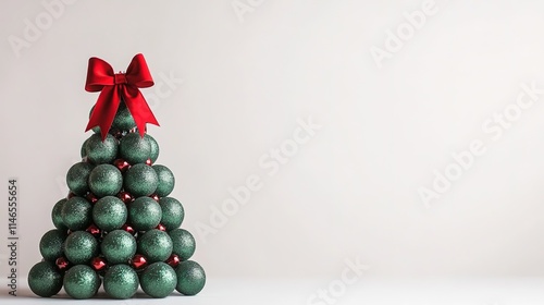 Christmas tree consisting of green balls with a gold bow on a white	
