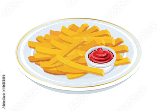 French fries with ketchup on a plate vector illustration. French fries on a plate icon vector isolated on a white background. Fast food meal drawing