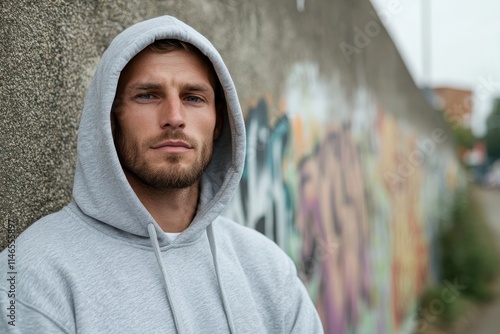 A pensive young man in a grey hoodie stands before a vibrant graffiti wall, reflecting urban life's emotions, embodying a mix of contemplation and strength. photo