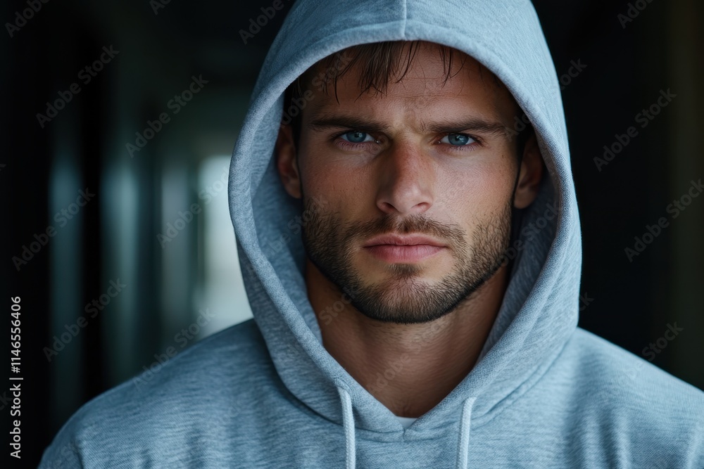 The enigmatic presence of a young man in a grey hoodie fills the dim hallway with intensity, showcasing his piercing gaze and strong features in a mysterious atmosphere. The enigmatic presence of a young man in a grey hoodie fills the dim hallway with intensity, showcasing his piercing gaze and strong features in a mysterious atmosphere.