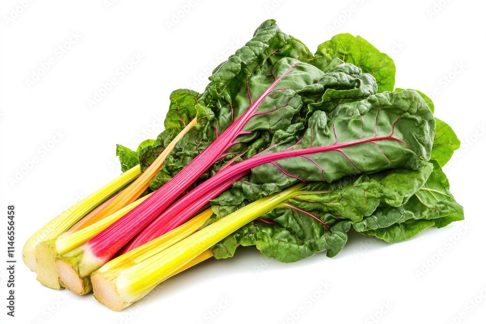 A bundle of rainbow chard with colorful stems and vibrant green leaves, isolated on a white background A bundle of rainbow chard with colorful stems and vibrant green leaves, isolated on a white background