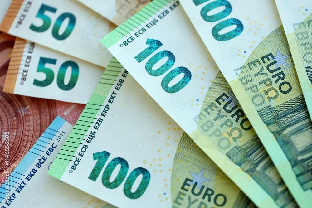 Many real european euro banknotes in big pile Many real european euro banknotes in big pile