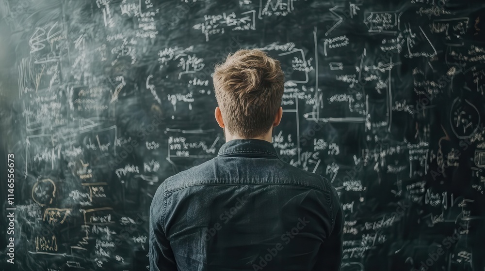 struggling with a complex business plan, a man stands before a cluttered blackboard filled with chaotic scribbles and question marks, exuding determination struggling with a complex business plan, a man stands before a cluttered blackboard filled with chaotic scribbles and question marks, exuding determination