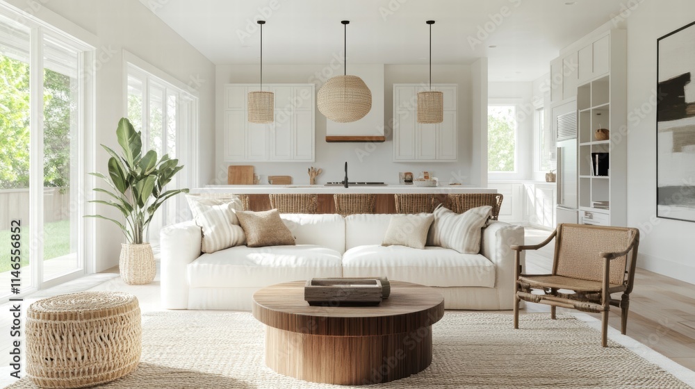 Fototapeta premium coastal living room interior design with white sofa and natural