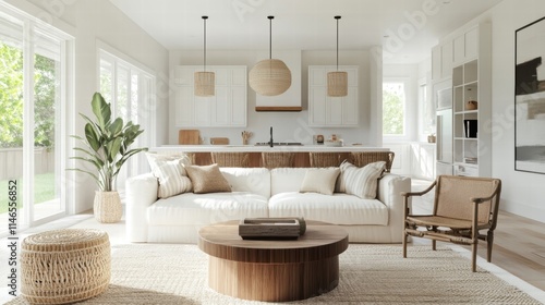 coastal living room interior design with white sofa and natural