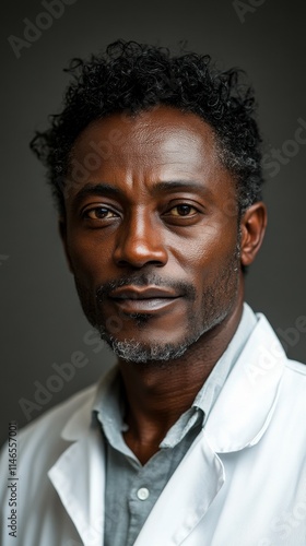 male doctor resident of the Ivory Coast, 50 years old, very curly black hair, dressed in a white coat photo