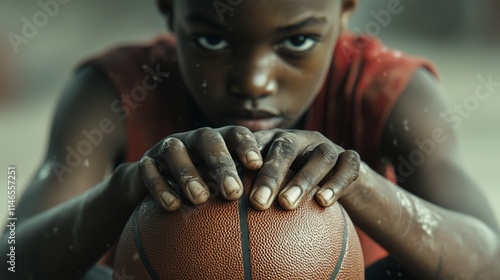 Close-up of the young African American boy's hands gripping a basketball tightly photo