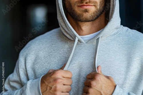 This image captures a close-up of a man in a grey hoodie, his strong grip on the fabric illustrating confidence, with an intriguing gaze that conveys deep thought and strength. photo