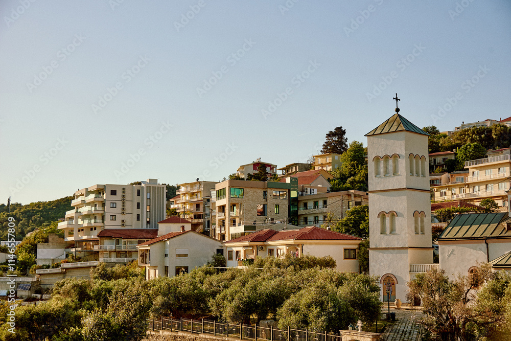 Living town buildings, city landscape, modern urban downtown, district panorama