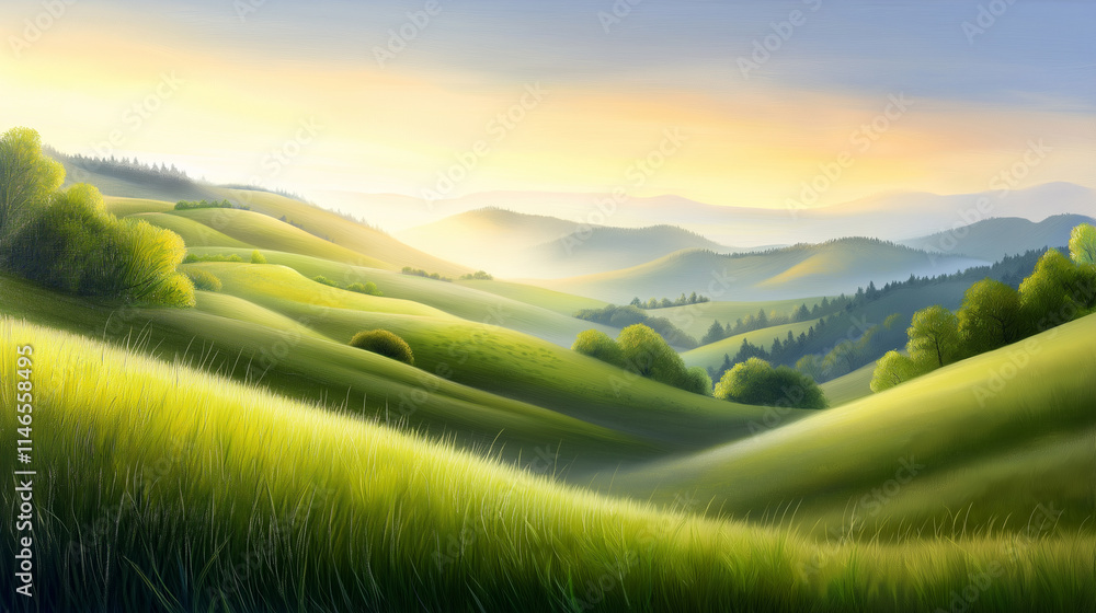 A scenic portrait of a grassy hilltop with sweeping views of the countryside , imagine oil painting, impressionist style, landscape, golden hour A scenic portrait of a grassy hilltop with sweeping views of the countryside , imagine oil painting, impressionist style, landscape, golden hour